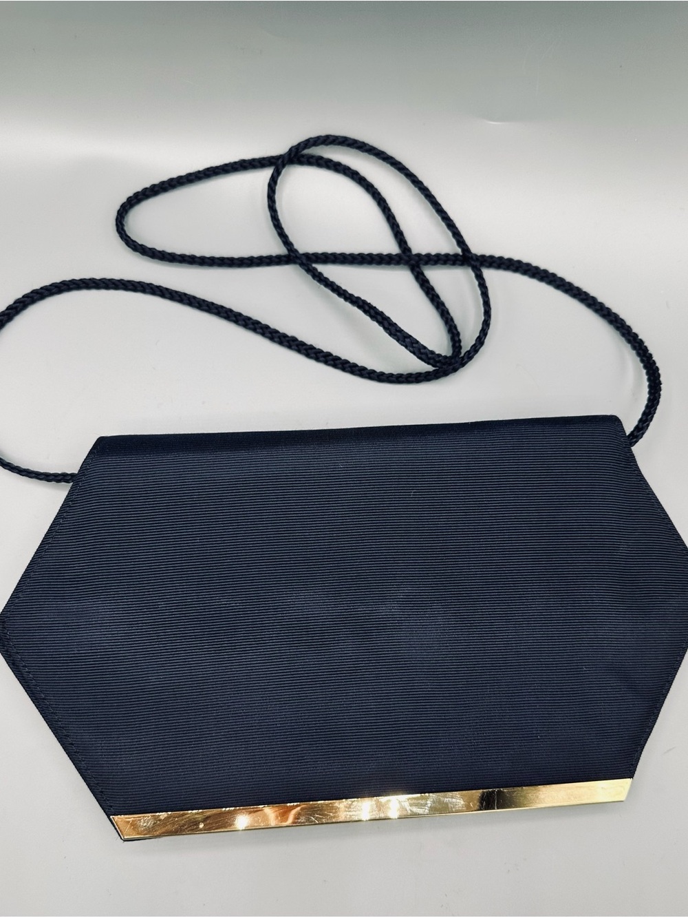 Vintage Navy Blue Evening Clutch Purse Gold Tone Trim Formal Wedding Cocktail